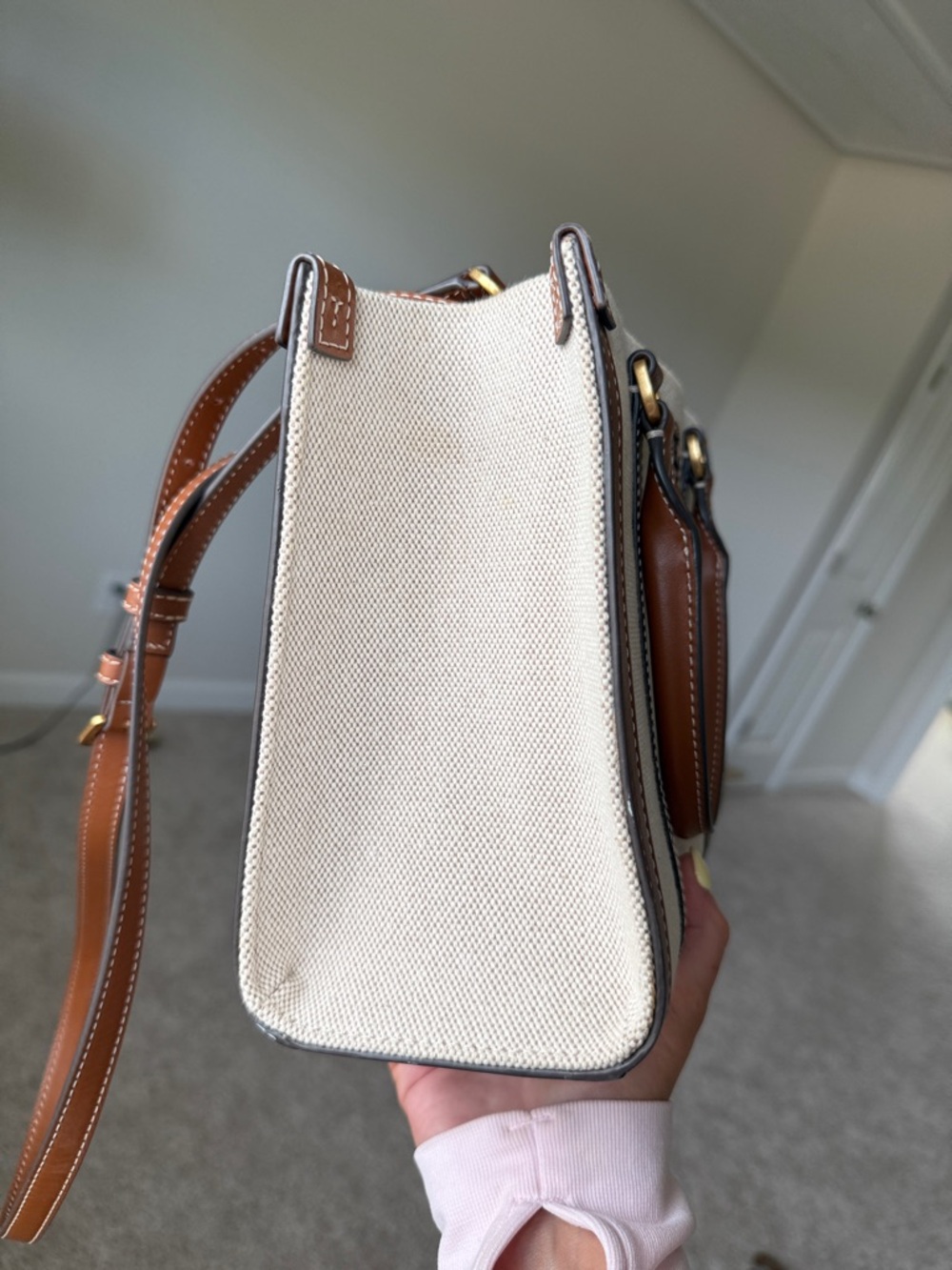 Tory Burch Beige Canvas Purse with Brown Leather Trim - Picture 12 of 13